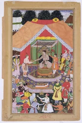 El emperador Akbar entretenido por su hermano de crianza Azim Khan en Dipalpur, Punjab, 1571, del Akbarnama hecho por Abul Fazi, 1590-98
