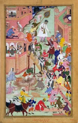El emperador Akbar inspeccionando las obras en Fatepur Sikri, ciudad completada en 1584, del Akbarnama, 1590-98