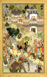 Entrada triunfal del emperador Akbar en Surat, del Akbarnama hecho por Abul Fazi (1515-1602) 1590-98