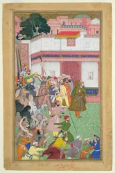 Fatepur Sikiri, 1573: Hasain Quli Khan-l Jahan presentando sus prisioneros al emperador Akbar, del Akbarnama hecho por Abul Fazi, 1590-98