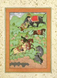 Príncipes rajput cazando osos; un mahout y su elefante rescatan a un jinete caído de un tigre, del Gran Álbum Clive