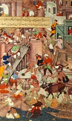 El Fuerte Rojo de Agra durante su construcción, del "Akbarnama", Mughal