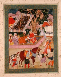 Escena durante una expedición de cetrería, del Gran Álbum Clive, c.1570