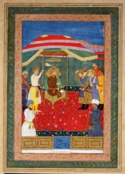 El emperador mogol Babur (1526-1530) sentado en un trono recibiendo a un príncipe, Johnson Album I, n.º 3 numerado 65