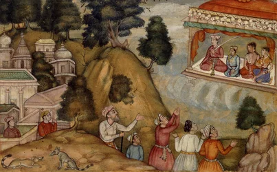 Aldeanos rindiendo homenaje a un hombre y su familia sentados en una veranda adornada, c.1585