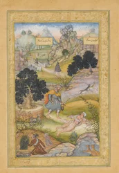 Un peregrino musulmán aprende una lección de piedad de un brahmán, Folio de un Khamsa