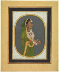 Dama de la corte sirviendo vino, c. 1760; bordes c. 1830 (acuarela opaca, tinta y oro sobre papel)