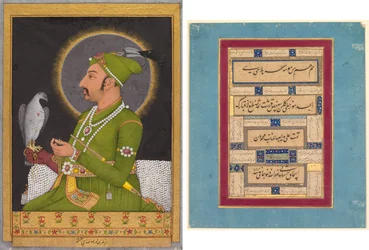 Retrato póstumo del emperador mogol Muhammad Shah (reinó entre 1719 y 1748) sosteniendo un halcón (anverso); Caligrafía (verso)