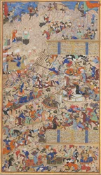 Batalla entre iraníes y turanianos, folio de un Shahnama Libro de los Reyes, 1562-83