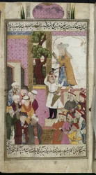 El sah Ismaíl de pie en los escalones del púlpito de la mezquita de Tabriz, escuchando el sermón de los Doce Imanes el viernes anterior a su coronación, ilustración de la «Historia del sah Ismaíl»