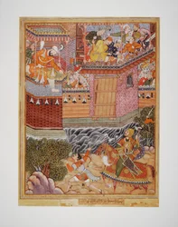 Hamza y Umar intercambian insultos con
Ghazanfar y le desafían a combatir
fuera de la fortaleza de Armanus, c.1570 (Acuarela opaca, tinta y oro sobre tela
con soporte de papel)