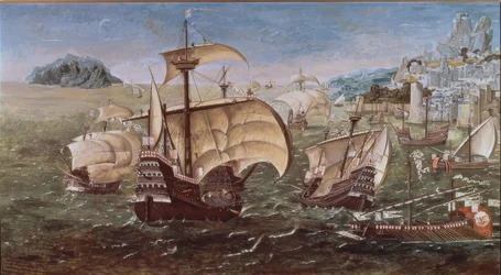 Embarcaciones portuguesas en una costa rocosa – siglo XVI – copia del original del Museo de Greenwich