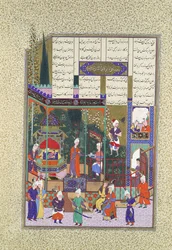 La coronación del infante Sapor II, folio 538r del libro del Shahnameh..., hacia 1525-30.