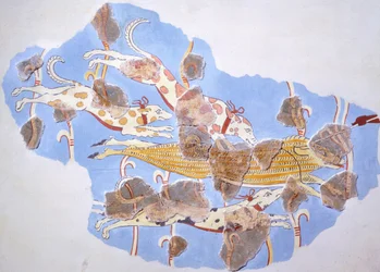 Escena de caza, fresco del palacio de Tirinto, Grecia, civilización micénica