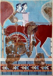 Arte micénico: pareja en un carro. Fragmento de fresco del palacio de Tirinto y reconstrucción