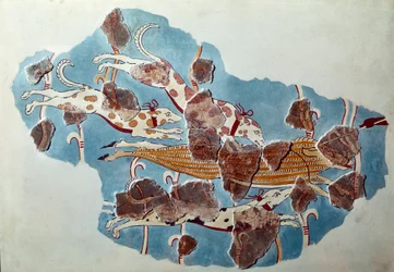 Arte micénico: escena de caza, perros persiguen a un jabalí. Fragmento de fresco del palacio de Tirinto y reconstrucción