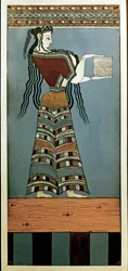 Arte micénico: Una dama cortesana de Micenas. Fresco de Tyrins, original del siglo XIII a.C. (fresco)