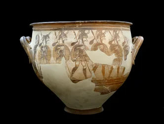 Civilización micénica: crátera llamada Crátera de los guerreros - Del círculo de tumbas A de Micenas. Siglo XII a. C. - Atenas, Museo Arqueológico Nacional