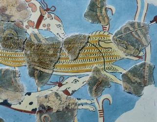 Fresco del palacio de Tirinto (Grecia). Detalle: grupo de perros atacando a un jabalí. Civilización micénica