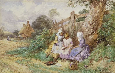 Niños leyendo junto a un camino rural