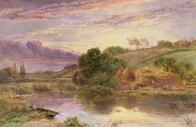 Segadores junto a un río al atardecer