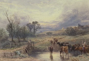 Paisaje con ganado y puente, siglo XIX