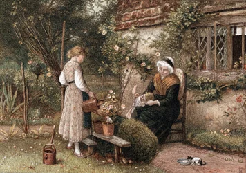 Juventud y edad. Cromolitografía sobre pintura de Myles Birkett Foster (1825-1899), artista inglés, publicada en Londres en 1866. Abuela con gorro de encaje sentada en el jardín de una casa de campo con dos nietos. La niña utiliza una regadera para regar u