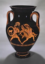 Ánfora de figuras rojas del Ático que representa el rapto de Antíope con Teseo y Pirítoo, c.500-490 a.C. (cerámica)