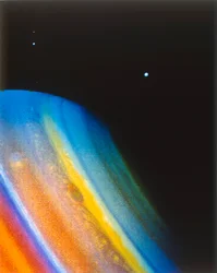Saturno y su luna Dione, vista desde la nave espacial Voyager 2