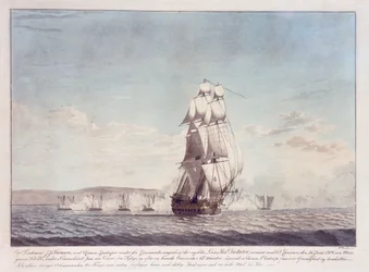Buque de 64 cañones "Dictator" (1783) enfrentándose a cañoneras danesas, 26 de junio de 1808, c.1810 (litografía coloreada)