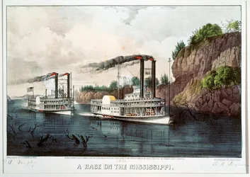 Una carrera de barcos de vapor en el Mississippi (impresión en color)