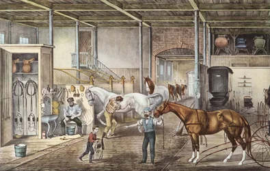 Modelo de establo donde los mozos y mozos de cuadra cuidan realmente de los caballos, grabado del libro "America" de Currier e Yves 1870