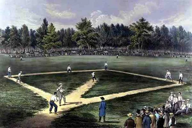 El juego nacional estadounidense del béisbol, gran partido por el campeonato en los Elysian Fields, Hoboken, N.J. 1866