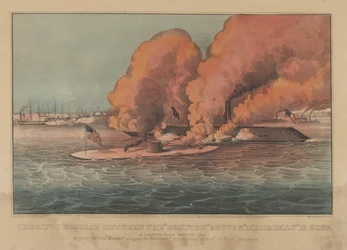 Combate terrible entre el "Monitor" 2 cañones y el "Merrimac" 11 cañones en Hampton Roads, 9 de marzo de 1862