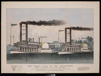 La Gran Carrera en el Mississippi de Nueva Orleans a St. Louis 1210 millas. Entre los vapores Robt. E. Lee... y Natchez... Ganada por R.E. Lee