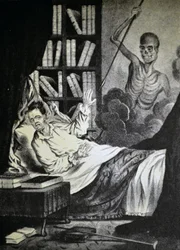 Ilustración de Currier & Ives del Siglo XIX. El Hombre Malo en la Hora de la Muerte