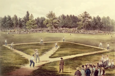 El juego nacional estadounidense del béisbol - Gran partido en Elysian Fields, Hoboken, Nueva Jersey, 1866