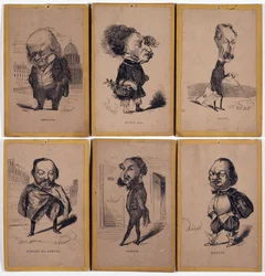 6 Retratos de carga: Pierre Jean de Béranger (1780-1857) compositor francés, Alexandre Dumas hijo (1824-1895), Louis Adrien Huart (1813-1865) periodista, escritor y director de teatro francés, Gérard de Nerval (1808-1855), escritor francés, Charles Mathare