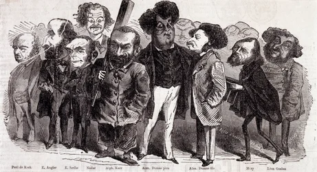 Retratos de escritores Paul de Kock (1793-1871), Emile Augier (1820-1889), Eugene Scribe (1791-1861), Felix Nadar, Alphonse Karr (1808-1890), Alexandre Dumas padre (1802-1870) y Alexandre Dumas hijo (1824-1895), Joseph Mery (1798-1866) y Leon Gozan (1803-1