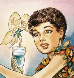Peter Pan y Campanilla, ilustración de "Peter Pan" de J.M. Barrie (gouache sobre papel)