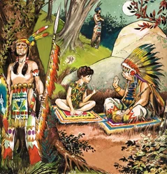 Peter Pan habla con el Cacique, ilustración de "Peter Pan" de J.M. Barrie (gouache sobre papel)