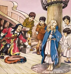 Wendy atada al mástil, ilustración de "Peter Pan" de J.M. Barrie (gouache sobre papel)