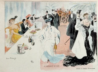 En el restaurante nocturno, parisinos de la burguesía en ropa de noche en el restaurante, botellas de champán en la mesa, una orquesta toca al fondo del salón
