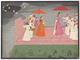 Músicos tocando un raga para Balwant Dev Singh durante la temporada de lluvias, c.1745-50