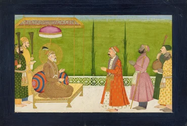 El poeta Sundar Das ante el emperador Shah Jahan, folio de un Sundar Shringar