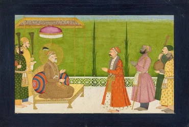 El poeta Sundar Das ante el emperador Shah Jahan, folio de un <em>Sundar Shringar</em>