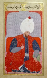 MS Hazine 1563 fol.47b Suleyman I (1495-1566) como un joven, de Semailname, 1579 (tinta y hoja de oro sobre papel)