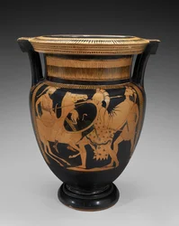 Crátera de columna de figuras rojas con escena de batalla, 460-450 a.C.