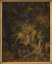 Interior de un bosque con lago y figuras