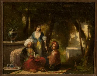 Hombre con narguile ante un paisaje forestal